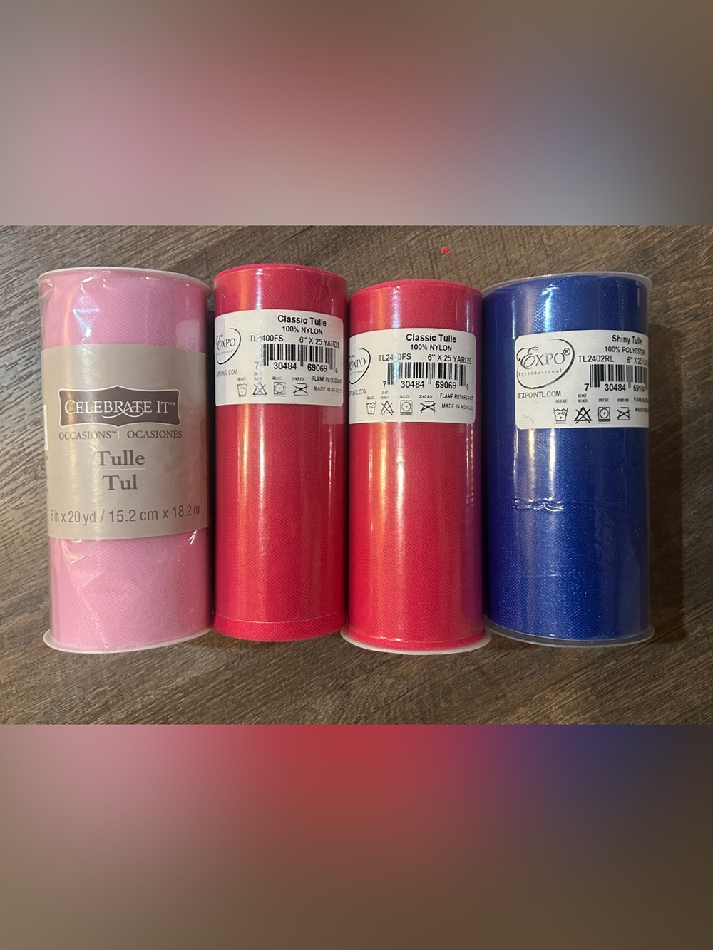 Four New Rolls Tulle Material • Pink & Blue • 6” x 100 Yards